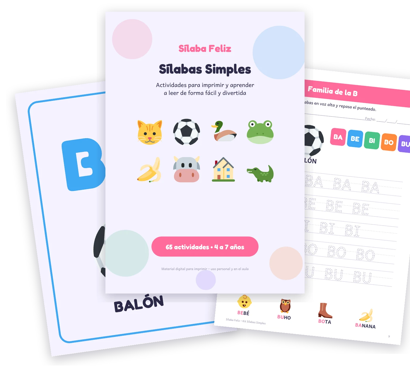 Páginas del kit Sílaba Feliz: portada, familia de la B y cartel de la letra B